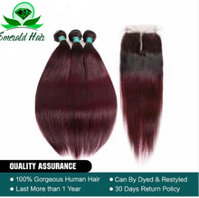 Load image into Gallery viewer, Brazilian Remy Coloured Straight Hair - 3 Bundles With 4*4 Lace Closure - 1B/99J