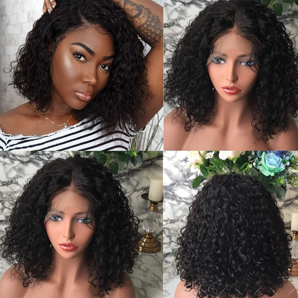 Short Curly Lace Front Human Hair Brazilian Hair Bob Wig - Rose