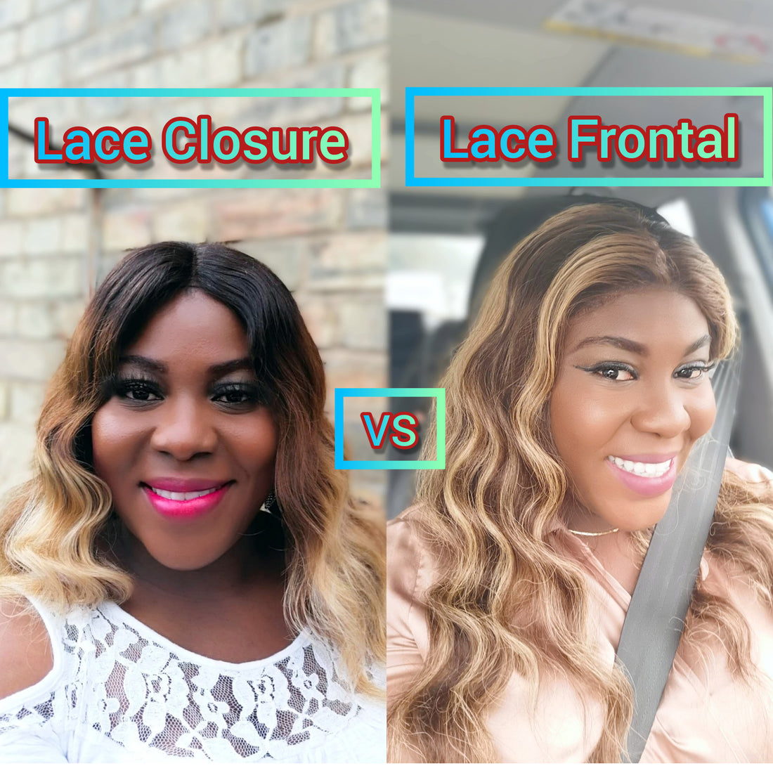 A picture of a Lady wearing a Lace Closure Wig and the same Lady wearing a Lace Frontal wig comparing the differences
