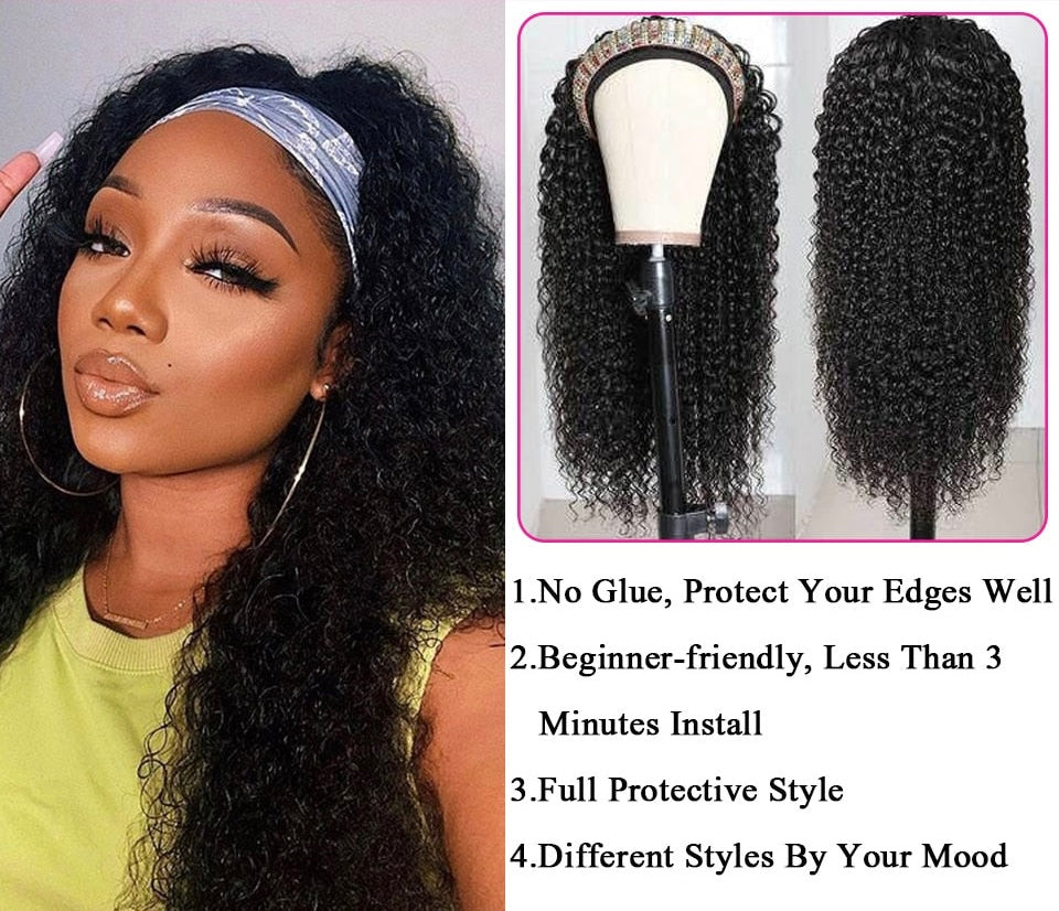 Brazilian Human Hair Headband Wigs -Various Curls