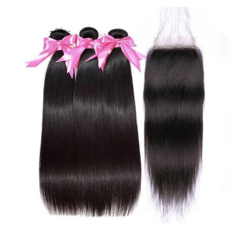Peruvian Straight Hair Bundles With Closure - Natural Hair Colour