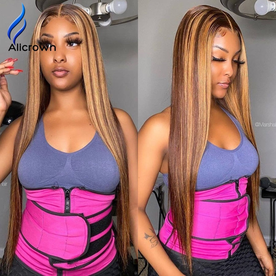 ALICROWN Highlight Ombre T-part Straight Lace Front Human Hair Wigs Bleached Knots Brazilian Non-remy Lace Wigs Pre-Plucked