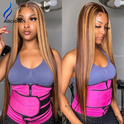 ALICROWN Highlight Ombre T-part Straight Lace Front Human Hair Wigs Bleached Knots Brazilian Non-remy Lace Wigs Pre-Plucked