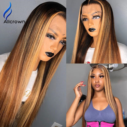 ALICROWN Highlight Ombre T-part Straight Lace Front Human Hair Wigs Bleached Knots Brazilian Non-remy Lace Wigs Pre-Plucked