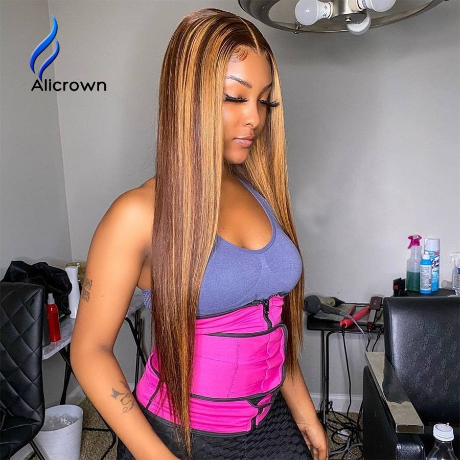 ALICROWN Highlight Ombre T-part Straight Lace Front Human Hair Wigs Bleached Knots Brazilian Non-remy Lace Wigs Pre-Plucked