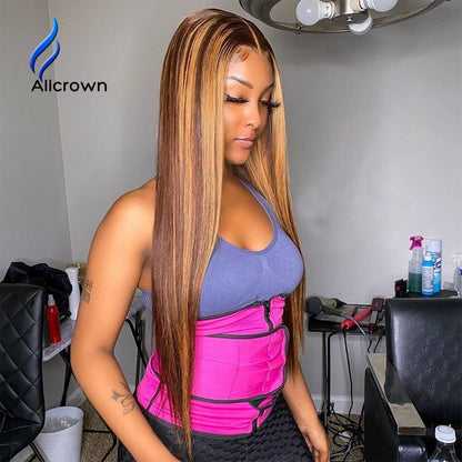 ALICROWN Highlight Ombre T-part Straight Lace Front Human Hair Wigs Bleached Knots Brazilian Non-remy Lace Wigs Pre-Plucked