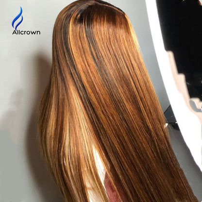 ALICROWN Highlight Ombre T-part Straight Lace Front Human Hair Wigs Bleached Knots Brazilian Non-remy Lace Wigs Pre-Plucked