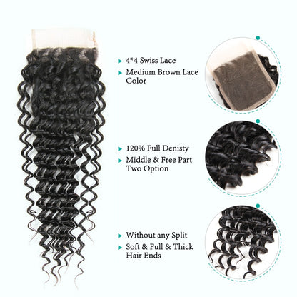 Brazilian Deep Wave Remy 100% Human Hair 3 Bundles With Lace Closure - Middle/Free Part