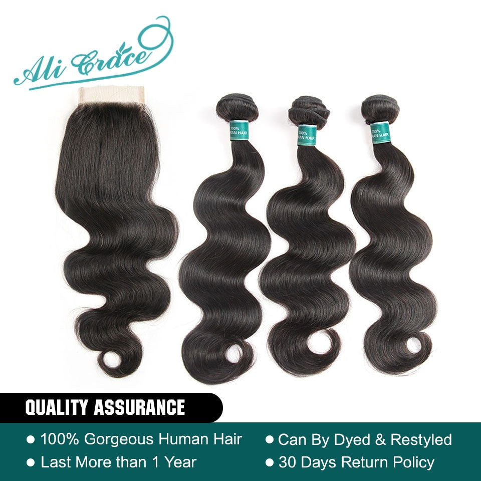 Ali Grace Hair 3 Bundles Brazilian Body Wave Hair With Closure 4*4 Free Part 4pcs/lot Remy Human Hair Extension Natural Color