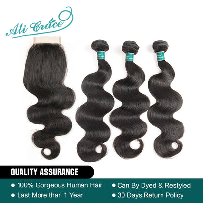 Ali Grace Hair 3 Bundles Brazilian Body Wave Hair With Closure 4*4 Free Part 4pcs/lot Remy Human Hair Extension Natural Color