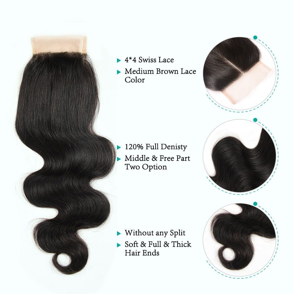 Ali Grace Hair 3 Bundles Brazilian Body Wave Hair With Closure 4*4 Free Part 4pcs/lot Remy Human Hair Extension Natural Color