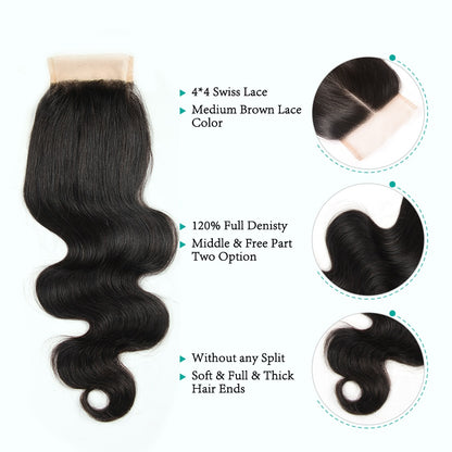 Ali Grace Hair 3 Bundles Brazilian Body Wave Hair With Closure 4*4 Free Part 4pcs/lot Remy Human Hair Extension Natural Color
