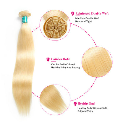 Brazilian Blonde Straight 100% Remy Human Hair - 3 Bundles With Closure