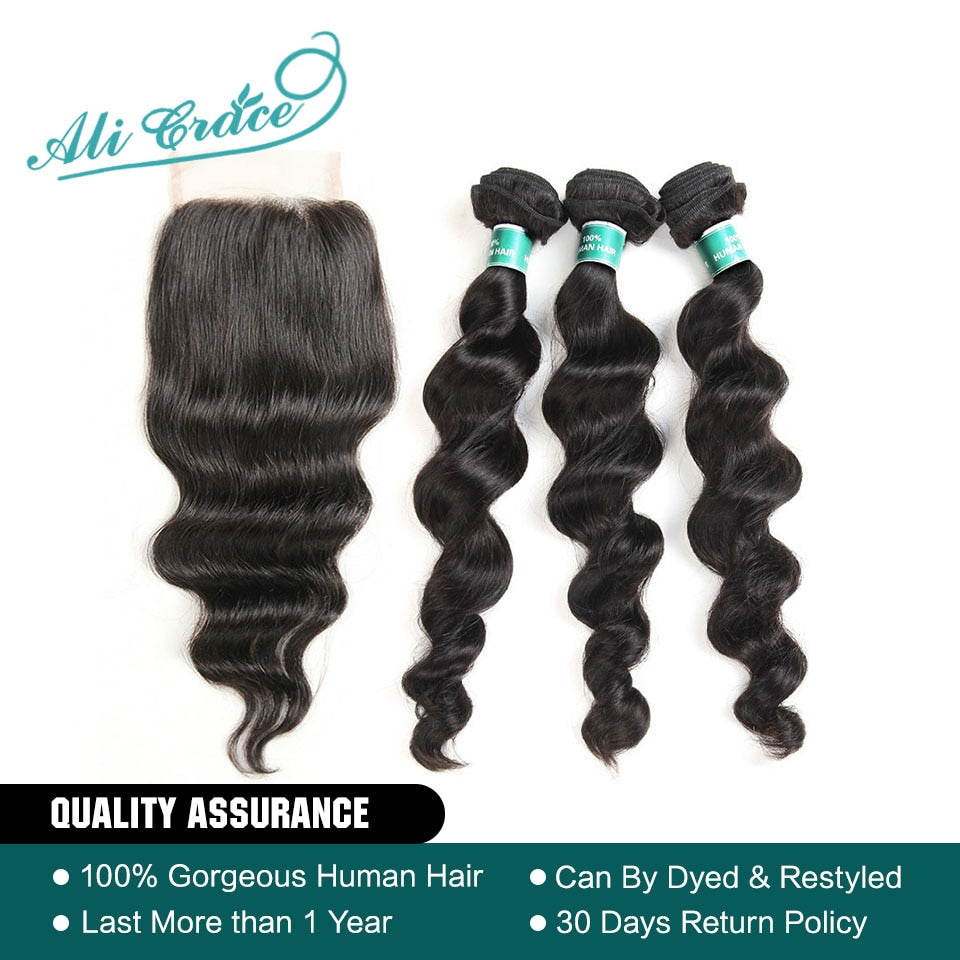 Ali Grace Hair Brazilian Loose Wave Bundles With Closure 100% Remy Hair 3 Bundles With 4*4 Lace Closure Middle and Free Part
