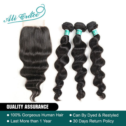 Ali Grace Hair Brazilian Loose Wave Bundles With Closure 100% Remy Hair 3 Bundles With 4*4 Lace Closure Middle and Free Part