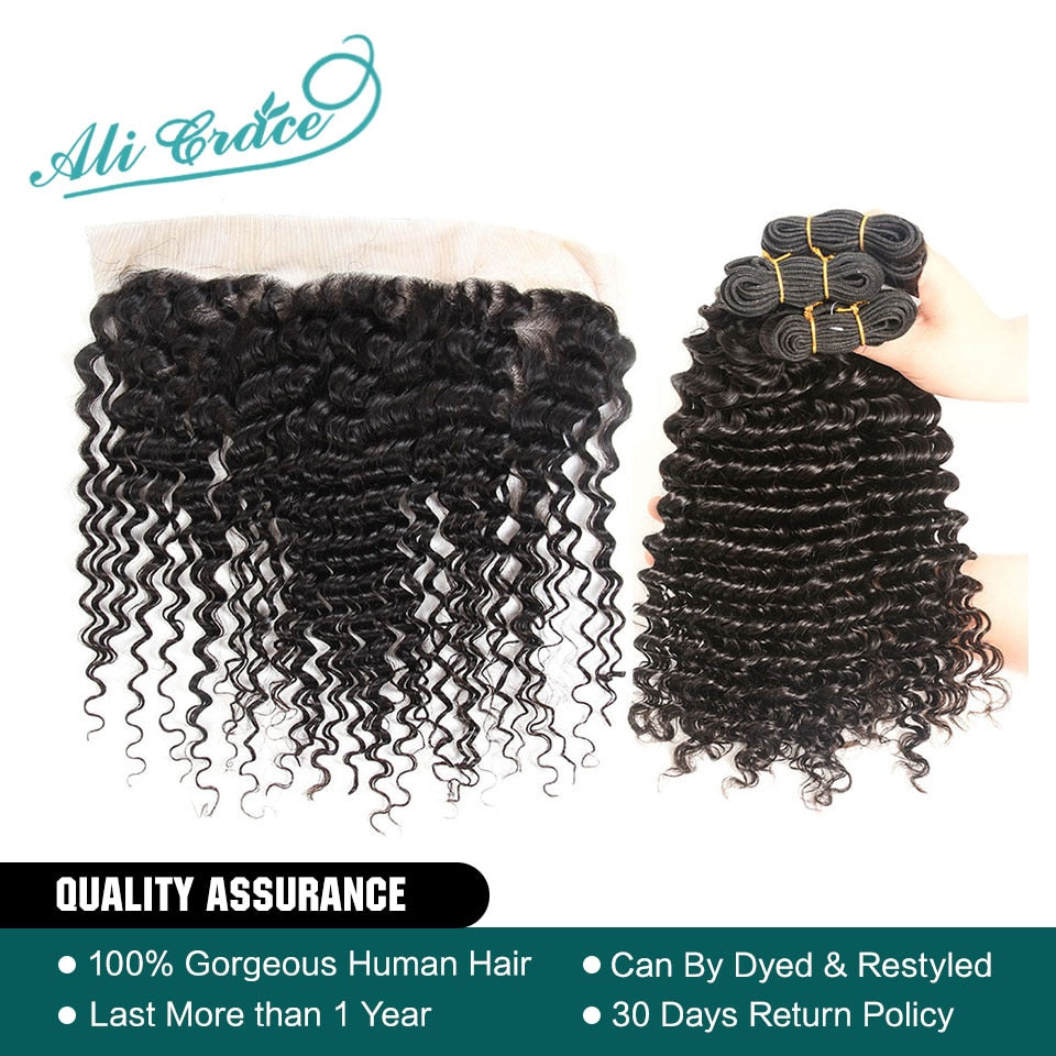 Ali Grace Hair Peruvian Deep Wave With Closure 3 Bundles With 13*4 Free Part Middle Part Ear to Ear Lace Frontal Remy Hair