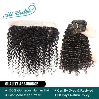 Ali Grace Hair Peruvian Deep Wave With Closure 3 Bundles With 13*4 Free Part Middle Part Ear to Ear Lace Frontal Remy Hair