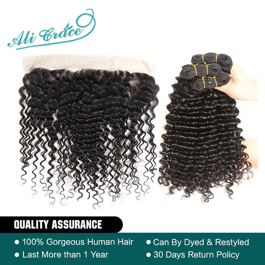 Ali Grace Hair Peruvian Deep Wave With Closure 3 Bundles With 13*4 Free Part Middle Part Ear to Ear Lace Frontal Remy Hair