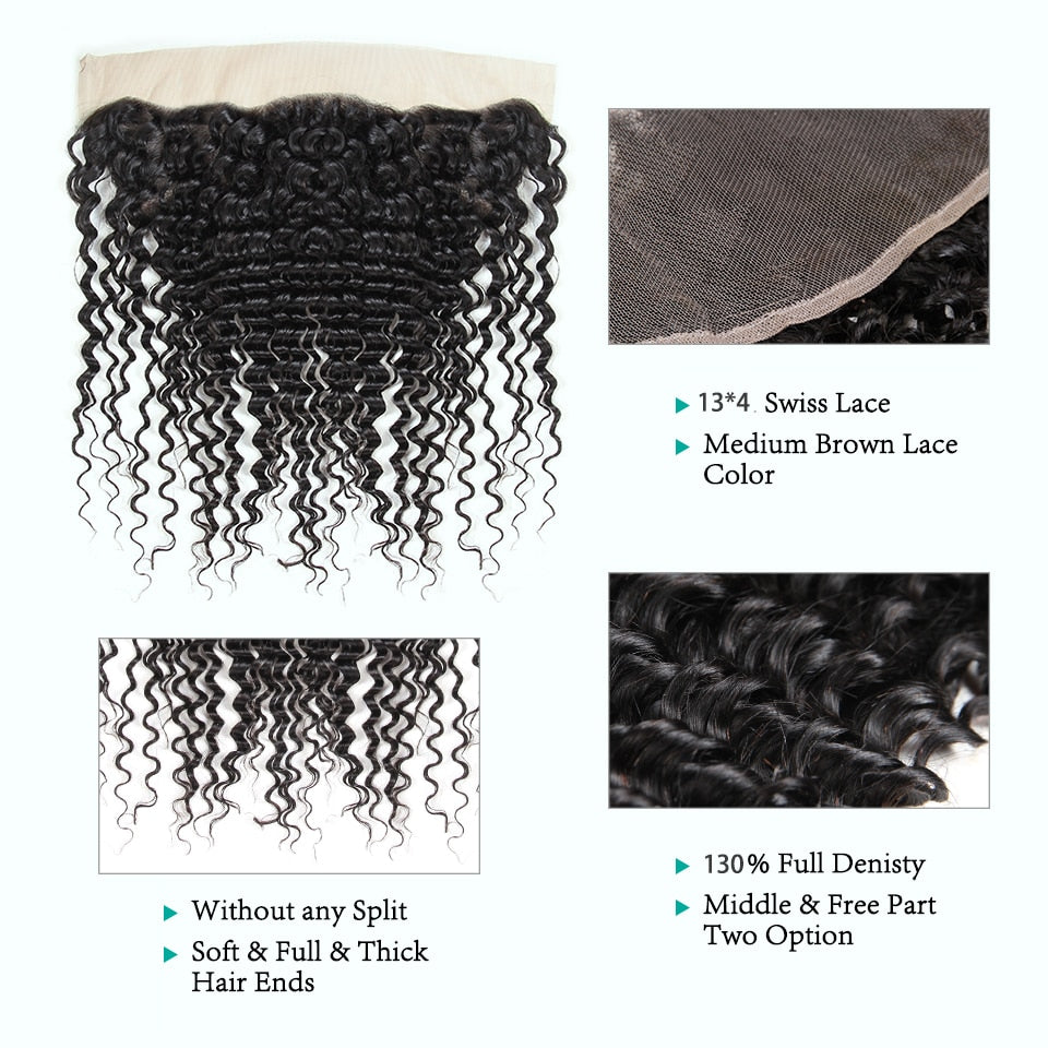 Ali Grace Hair Peruvian Deep Wave With Closure 3 Bundles With 13*4 Free Part Middle Part Ear to Ear Lace Frontal Remy Hair