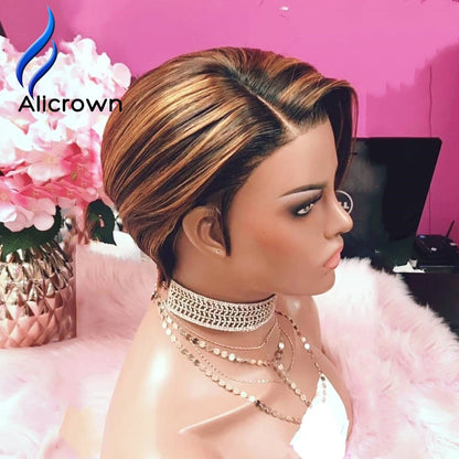 Alicrown Highlight Ombre Pixie Cut Wigs Lace Front Human Hair Wigs 180% Density Brazilian Pixie Wigs Non-Remy Middle Ration