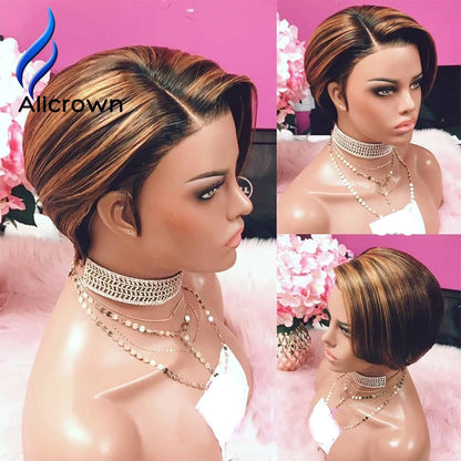 Alicrown Highlight Ombre Pixie Cut Wigs Lace Front Human Hair Wigs 180% Density Brazilian Pixie Wigs Non-Remy Middle Ration