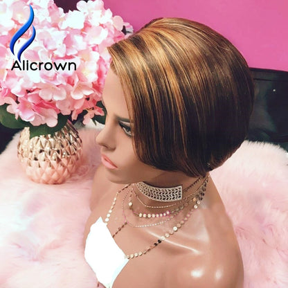Alicrown Highlight Ombre Pixie Cut Wigs Lace Front Human Hair Wigs 180% Density Brazilian Pixie Wigs Non-Remy Middle Ration