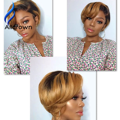 Alicrown Ombre Pixie Cut Wigs  180% Density  Short Lace Front Human Hair Wigs Brazilian Pixie Wigs Non-Remy pre-plucked