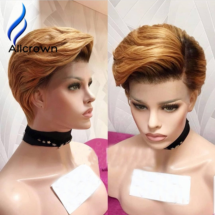 Alicrown Ombre Pixie Cut Wigs  180% Density  Short Lace Front Human Hair Wigs Brazilian Pixie Wigs Non-Remy pre-plucked