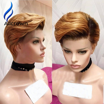 Alicrown Ombre Pixie Cut Wigs  180% Density  Short Lace Front Human Hair Wigs Brazilian Pixie Wigs Non-Remy pre-plucked