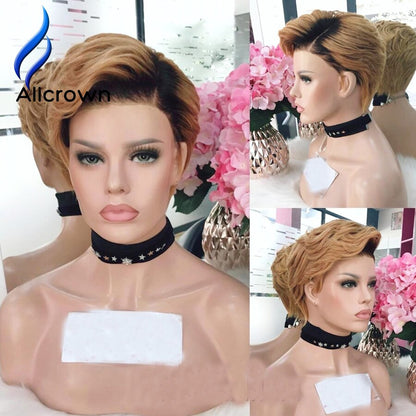 Alicrown Ombre Pixie Cut Wigs  180% Density  Short Lace Front Human Hair Wigs Brazilian Pixie Wigs Non-Remy pre-plucked