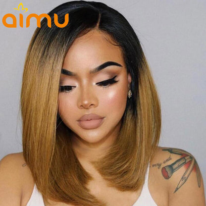 Deep Part Remy Brazilian Straight Short Cut 180% Ombre Black Honey Blonde Pre Plucked Hairline Human Hair Lace Front Bob Wigs