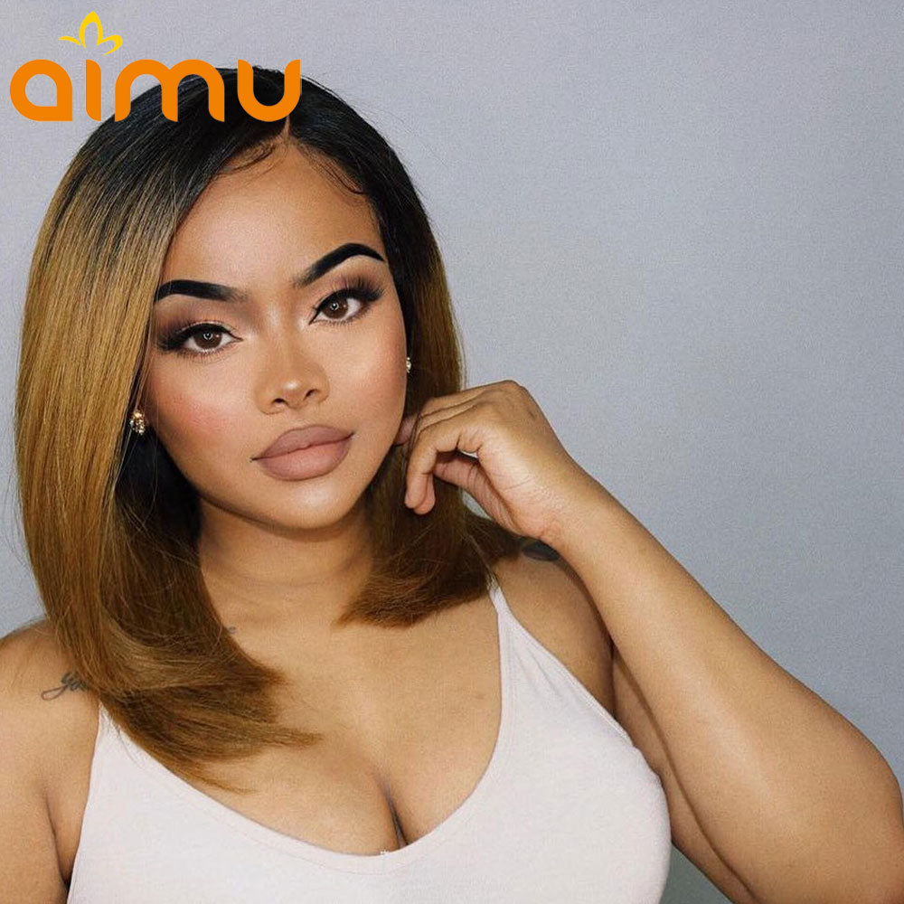 Deep Part Remy Brazilian Straight Short Cut 180% Ombre Black Honey Blonde Pre Plucked Hairline Human Hair Lace Front Bob Wigs
