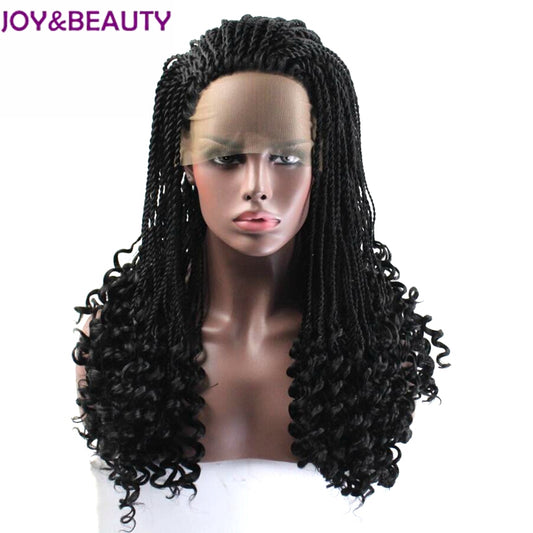 JOY&amp;BEAUTY Black Color Handmade braids Long Curly Synthetic Lace Front Wig High Temperature Fiber Women Wig 24inches Long