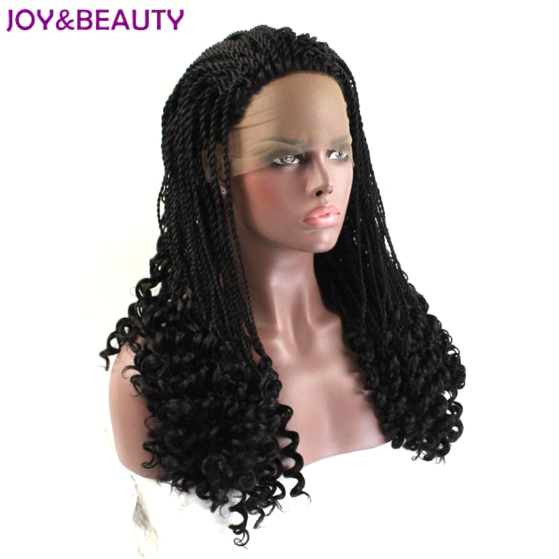 JOY&amp;BEAUTY Black Color Handmade braids Long Curly Synthetic Lace Front Wig High Temperature Fiber Women Wig 24inches Long