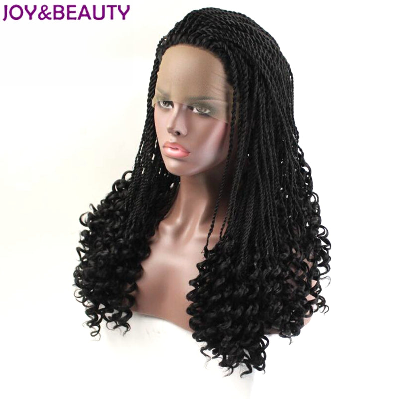JOY&amp;BEAUTY Black Color Handmade braids Long Curly Synthetic Lace Front Wig High Temperature Fiber Women Wig 24inches Long