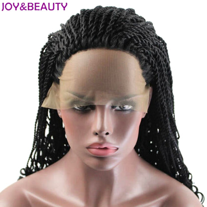 JOY&amp;BEAUTY Black Color Handmade braids Long Curly Synthetic Lace Front Wig High Temperature Fiber Women Wig 24inches Long