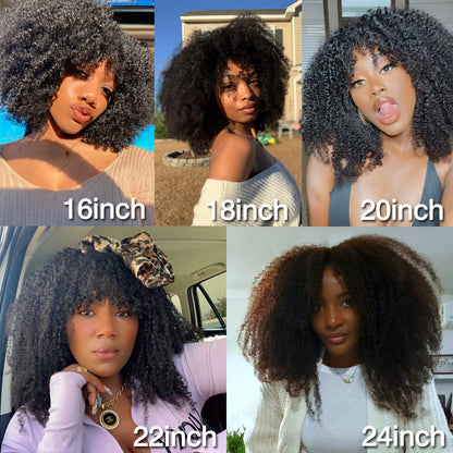 Short Afro Kinky Curly Wig with Bangs Human Hair Scalp Top Full Machine Made Wig Remy Brazilian Afro Curly Wig Fringe 200Density