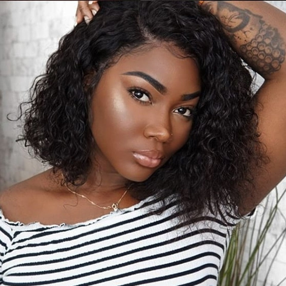 Short Curly Lace Front Human Hair Brazilian Hair Bob Wig - Rose