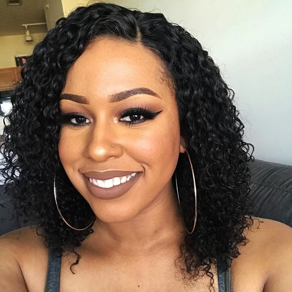 Short Curly Lace Front Human Hair Brazilian Hair Bob Wig - Rose