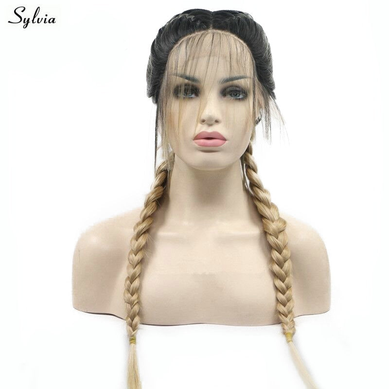 Sylvia Dark Roots Ombre Blonde 2x Twist Braided Wigs with Baby Hair Heat Resistant Natural Long Synthetic Hair Lace Front Wigs