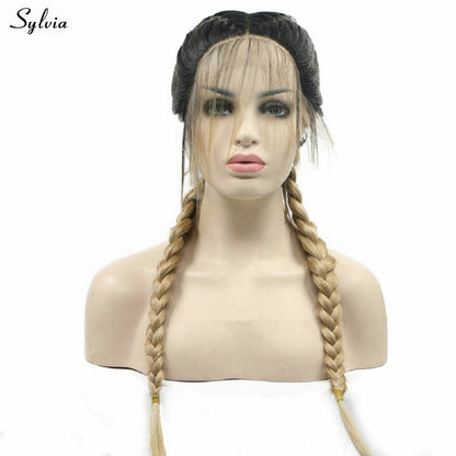 Sylvia Double Braids Long Hair Dark Roots Ombre Blonde Synthetic Lace Front Wig Women's Braided Heat Resistant Handmade Long Wig
