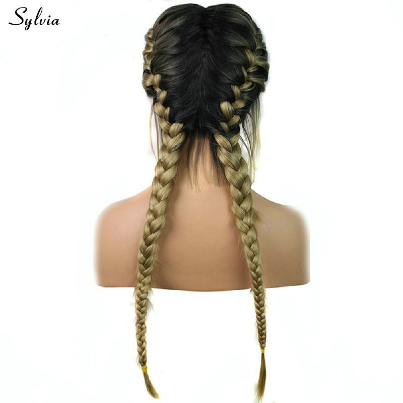 Sylvia Double Braids Long Hair Dark Roots Ombre Blonde Synthetic Lace Front Wig Women's Braided Heat Resistant Handmade Long Wig