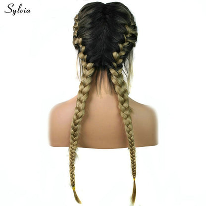Sylvia Double Braids Long Hair Dark Roots Ombre Blonde Synthetic Lace Front Wig Women's Braided Heat Resistant Handmade Long Wig