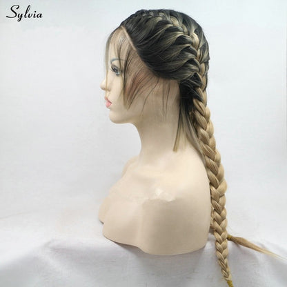 Sylvia Double Braids Long Hair Dark Roots Ombre Blonde Synthetic Lace Front Wig Women's Braided Heat Resistant Handmade Long Wig