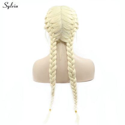 Sylvia Natural 2x Twist Braids Wig Pastel Blonde Color Long Synthetic Lace Front Braided Wigs with Baby Hair Middle Parting 24"