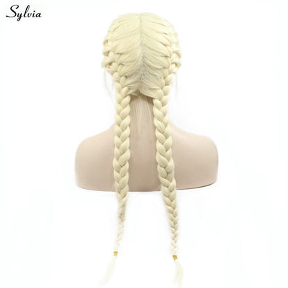 Sylvia Natural 2x Twist Braids Wig Pastel Blonde Color Long Synthetic Lace Front Braided Wigs with Baby Hair Middle Parting 24"