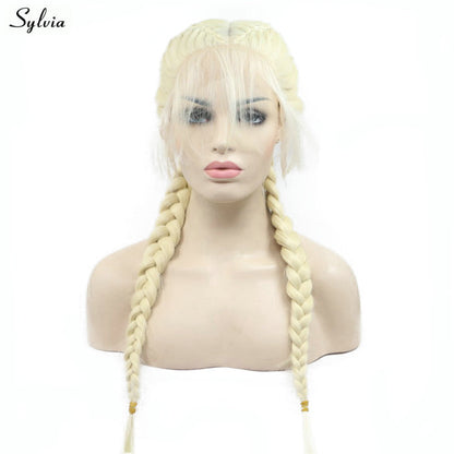 Sylvia Natural 2x Twist Braids Wig Pastel Blonde Color Long Synthetic Lace Front Braided Wigs with Baby Hair Middle Parting 24"