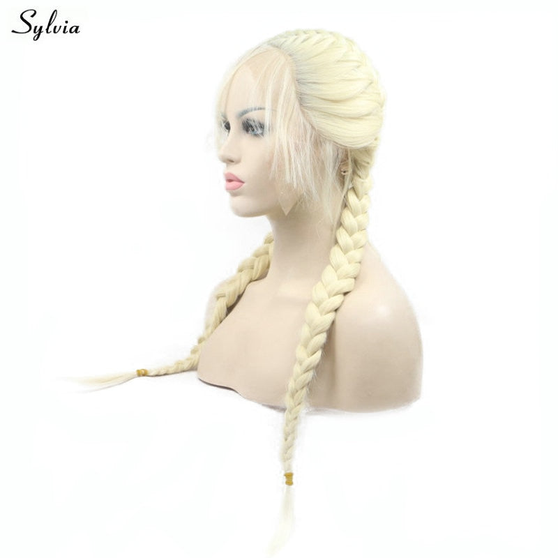 Sylvia Natural 2x Twist Braids Wig Pastel Blonde Color Long Synthetic Lace Front Braided Wigs with Baby Hair Middle Parting 24"