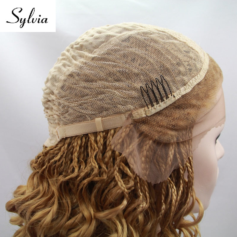 Sylvia natural blonde braided box braids synthetic lace front wigs with tips glueless braiding heat resistant fiber hair